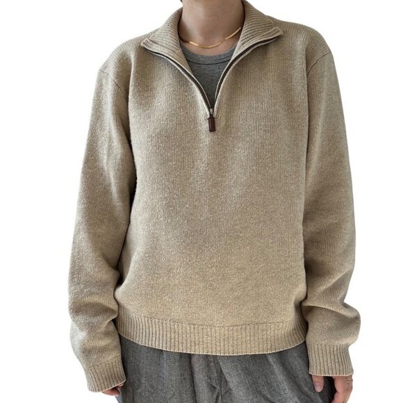 Vintage 1990s Polo Ralph Lauren Tan 100% Lambswool Quarter Zip Oversized Sweater - Picture 1 of 6